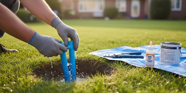 A broken sprinkler line being repaired in a green lawn.