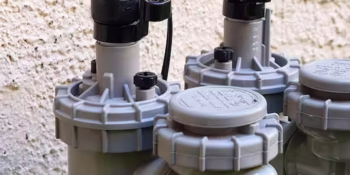 A sprinkler system valve box with solenoids visible in a Lubbock yard.